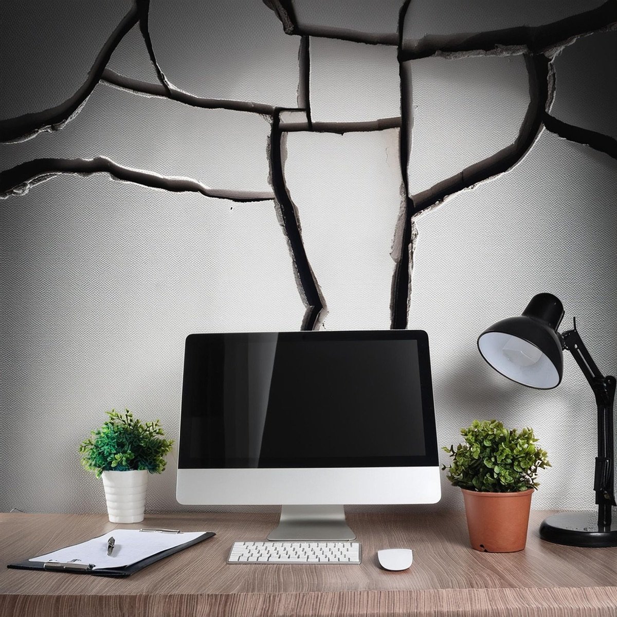 A cracked wall above a desk with a computer, lamp and plants
