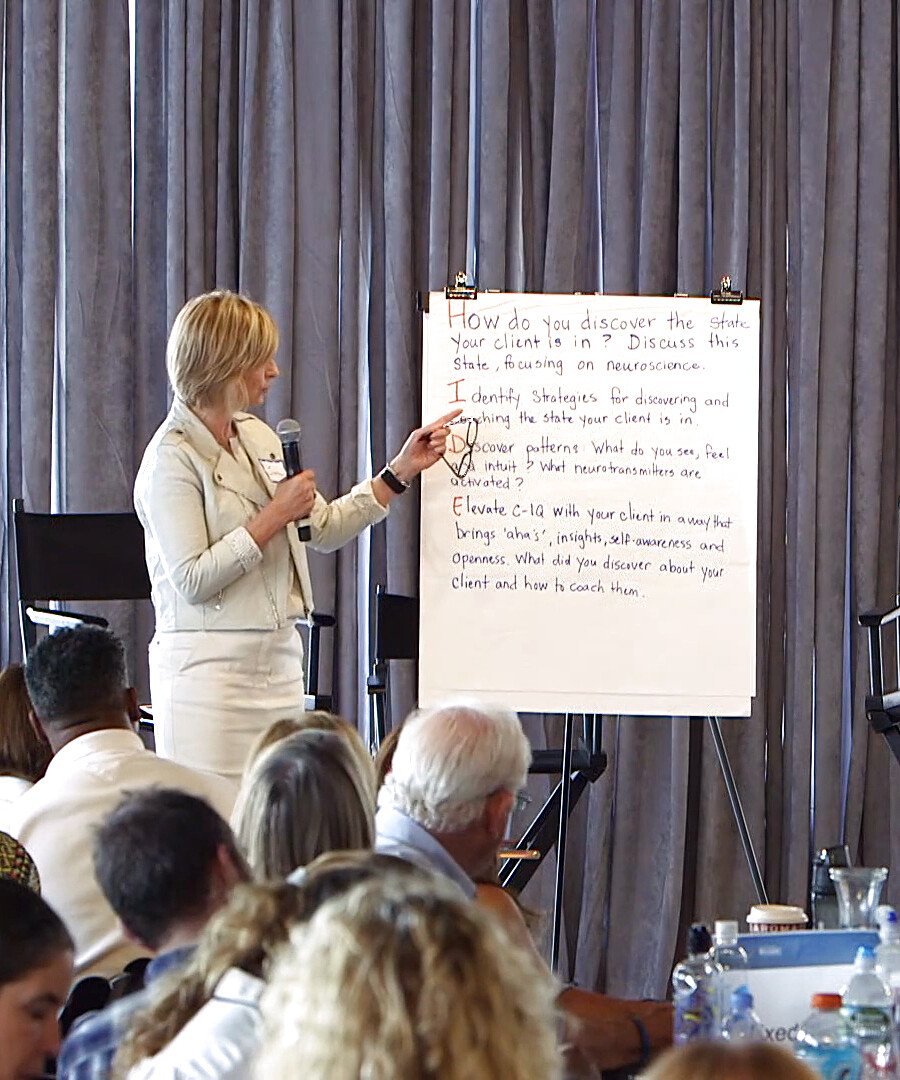 Tracy Quinton leading a leadership session, pointing to a flip chart as participants look on